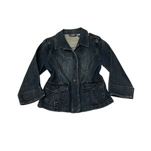Jacket Denim Blue Button Front Pockets Collar Studded Shoulders Women's‎ Size